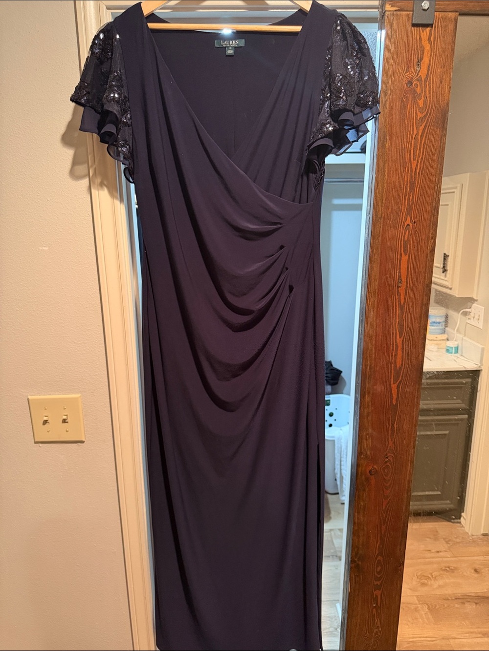 Lauren Ralph Lauren Navy Maxi Dress with Sequin Flutter Sleeves